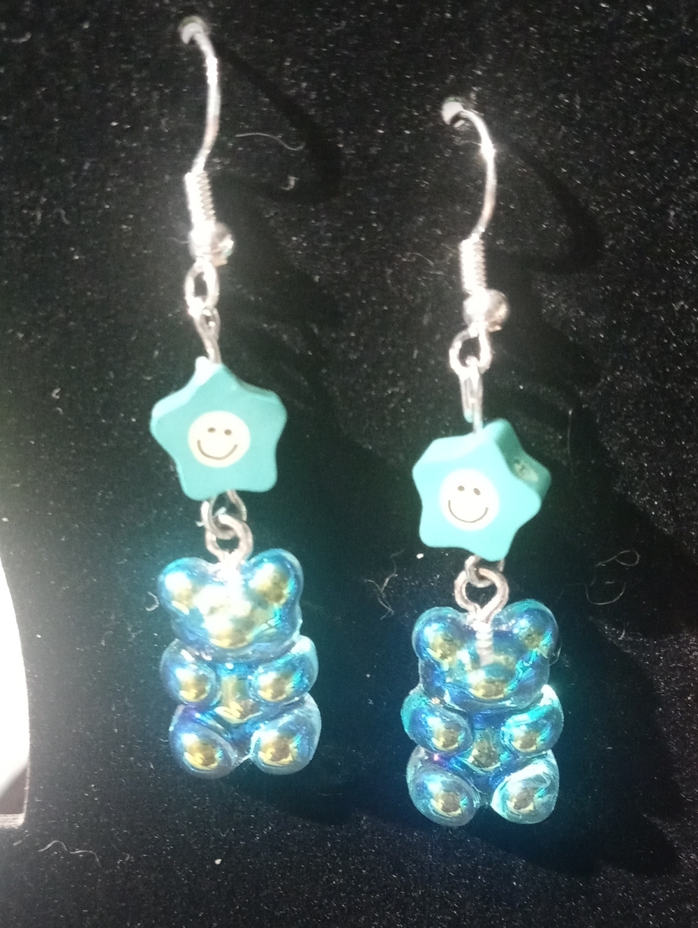 Teal Star & Blue Iridescent Gummy Bear Drop Earrings
